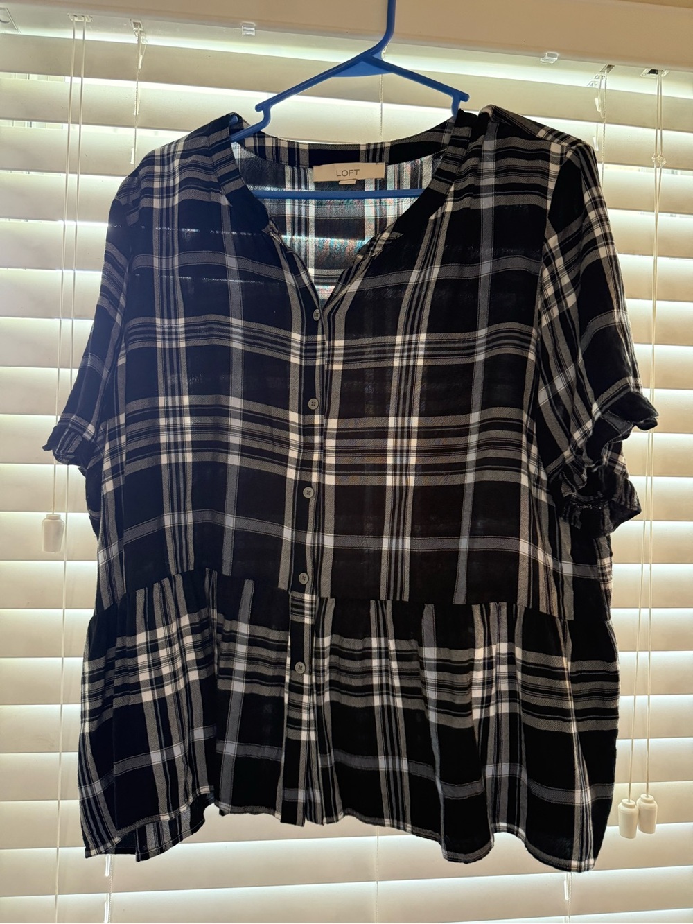 LOFT Black and White Plaid Button-Front Peplum Blouse